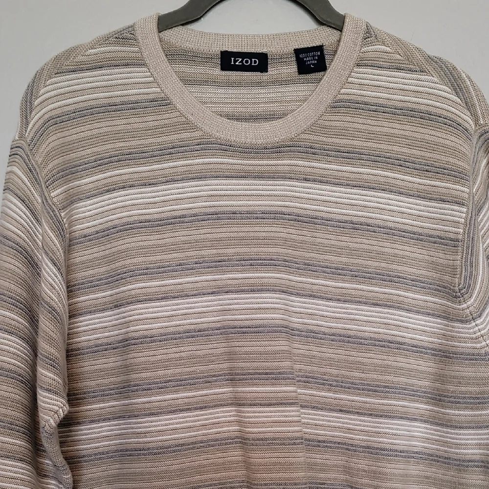Y2K IZOD Men Chunky Knit Sweater Size L Crewneck Old Money Academia Grandpa Tan